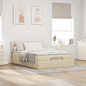 Ottomansk säng med madrass och LED-lampor gräddvit 140x200 cm