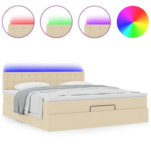 Ottomansk säng med madrass & LED-lampor gräddvit 180x200cm tyg