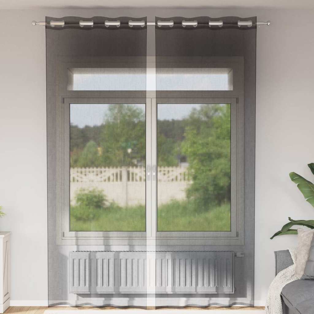 Voile gardiner med genomföringar 2 st svart 140x260 cm
