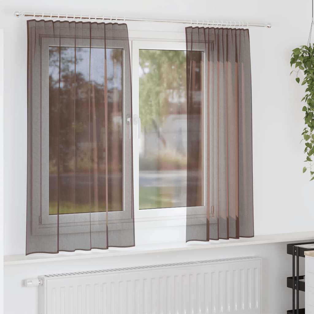 Voile gardiner med stångfickor 2 st bruna