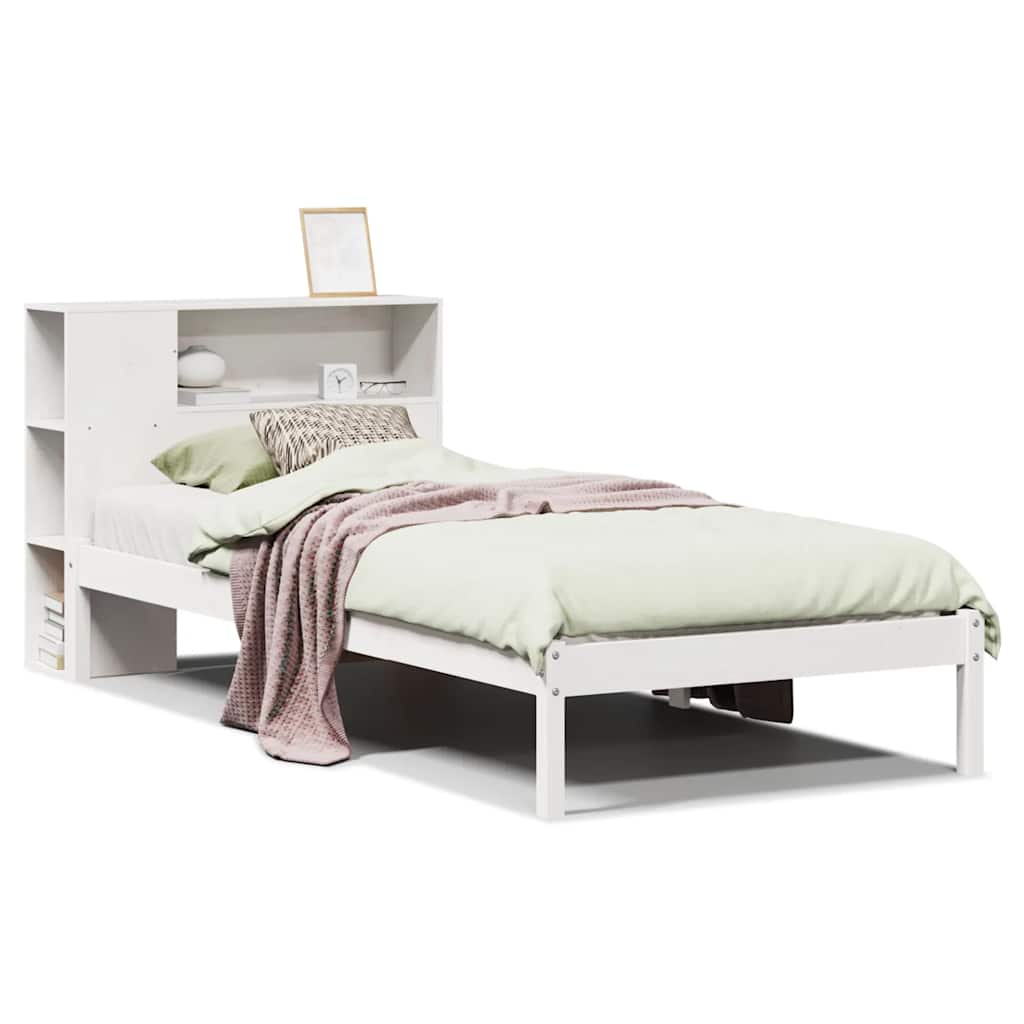 Säng med bokhylla utan madrass vit 75x190cm massiv furu