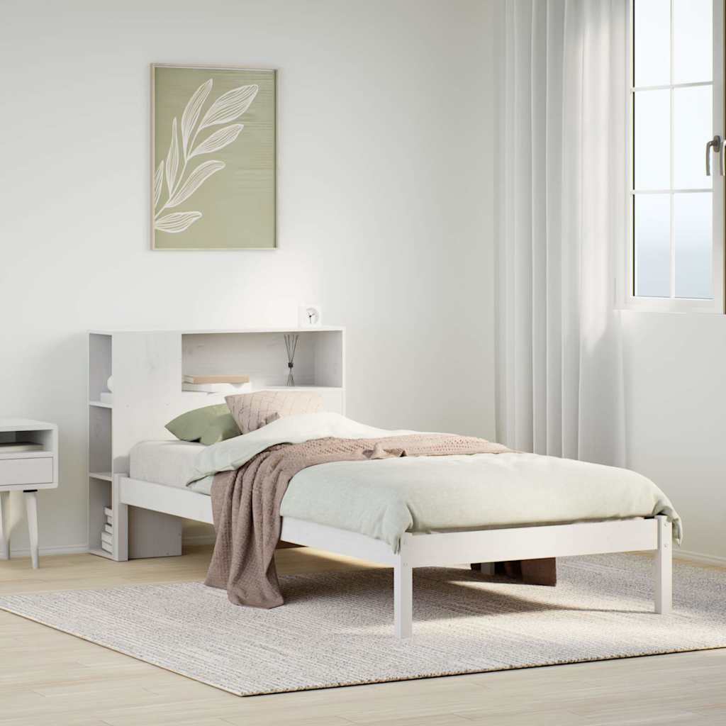 Säng med bokhylla utan madrass vit 75x190cm massiv furu