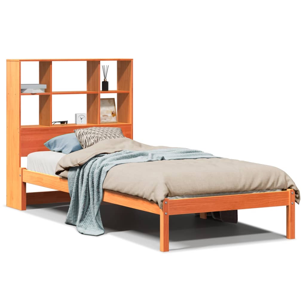 Säng med bokhylla utan madrass vaxbrun 75x190 cm massiv furu