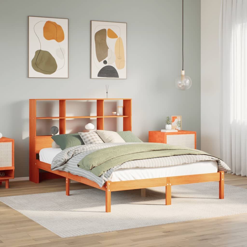 Säng med bokhylla utan madrass vaxbrun 120x200 cm massiv furu