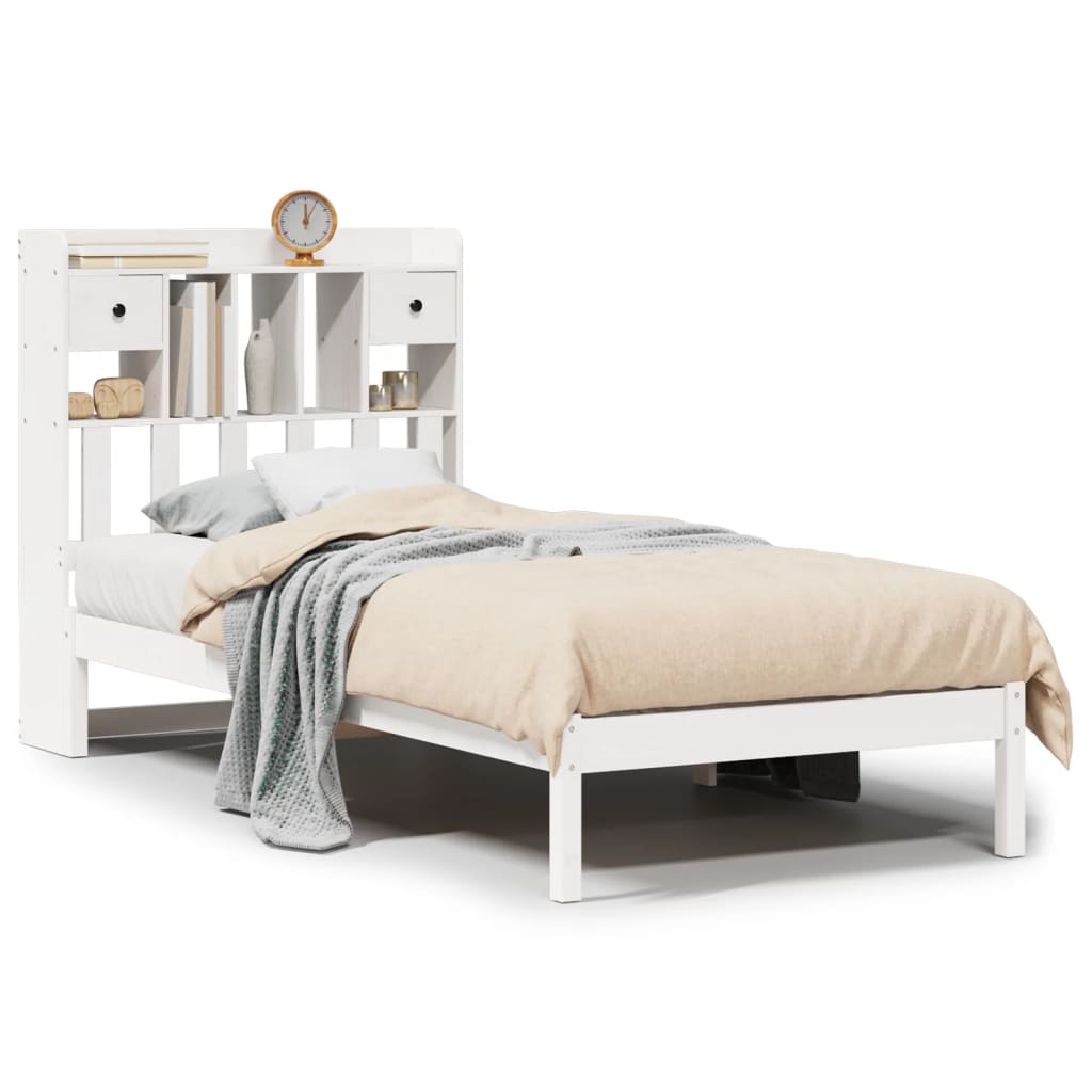 Säng med bokhylla utan madrass vit 75x190cm massiv furu