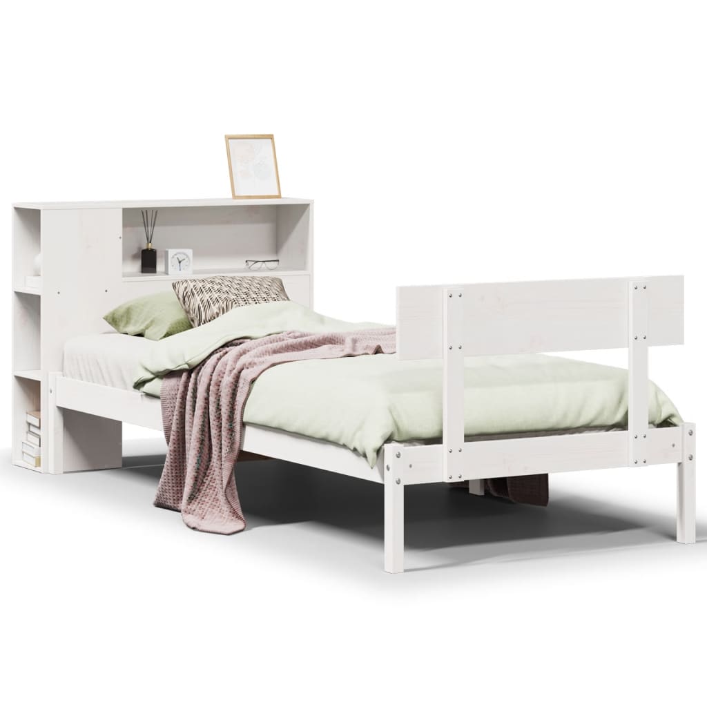 Säng med bokhylla utan madrass vit 75x190cm massiv furu
