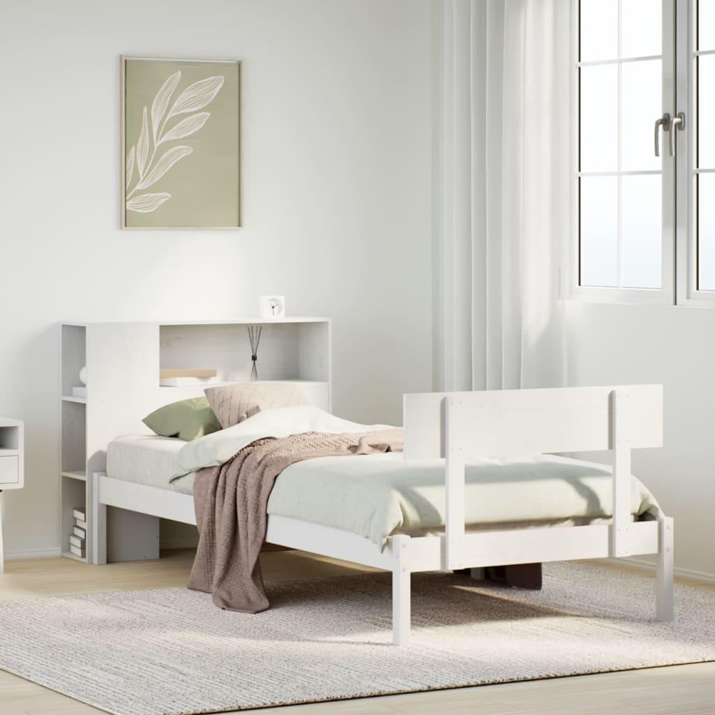 Säng med bokhylla utan madrass vit 75x190cm massiv furu