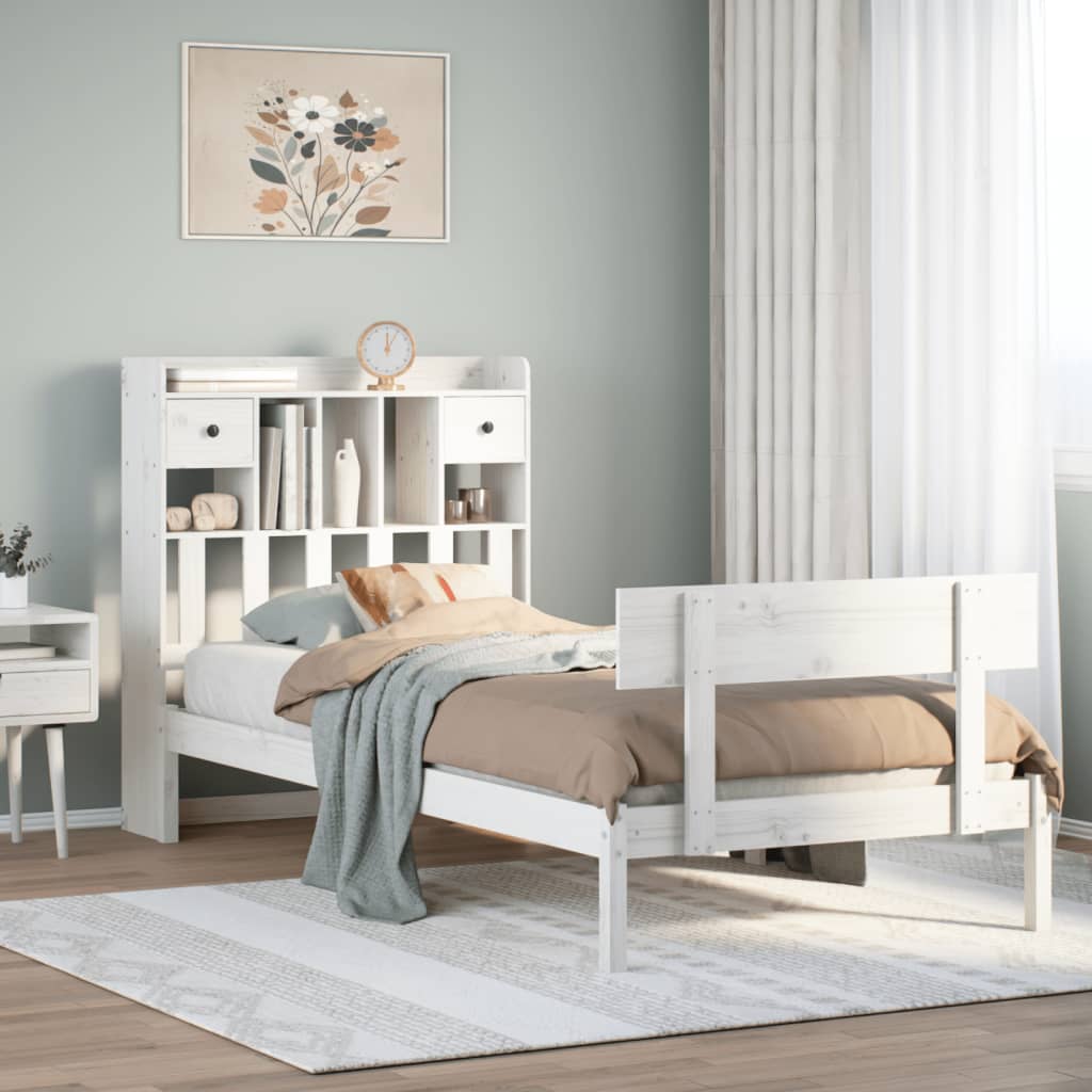 Säng med bokhylla utan madrass vit 90x200cm massiv furu