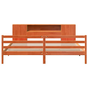 Säng med bokhylla utan madrass vaxbrun 200x200cm massiv furu