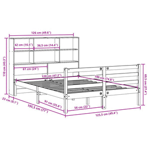 Säng med bokhylla utan madrass vaxbrun 120x190 cm massiv trä