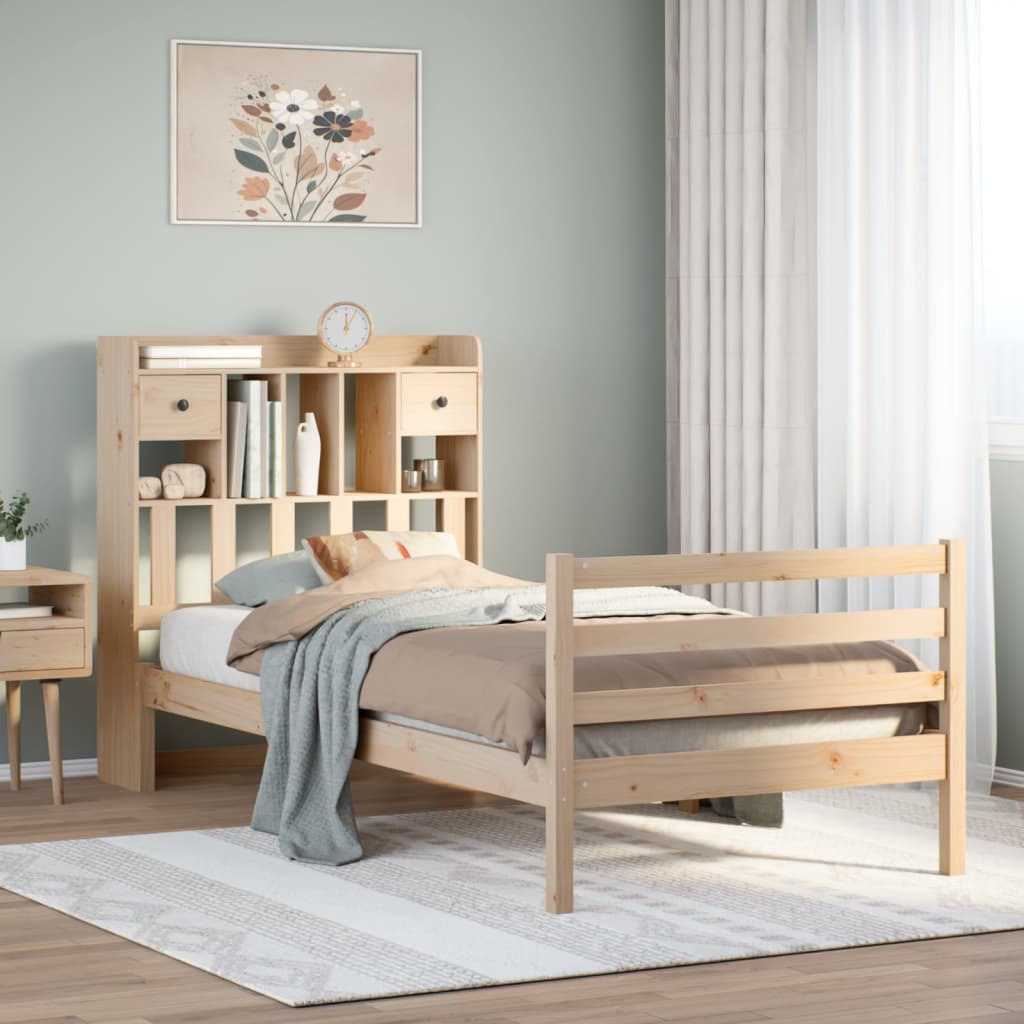 Säng med bokhylla utan madrass 100x200cm massiv furu
