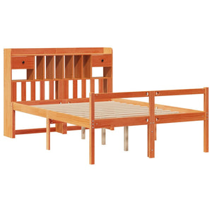 Säng med bokhylla utan madrass vaxbrun 140x190cm massiv furu