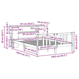 Säng med bokhylla utan madrass 135x190cm massiv furu