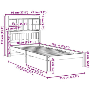 Säng med bokhylla utan madrass 90x190cm massiv furu