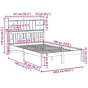Säng med bokhylla utan madrass 135x190cm massiv furu