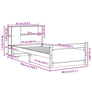 Säng med bokhylla utan madrass 75x190cm massiv furu
