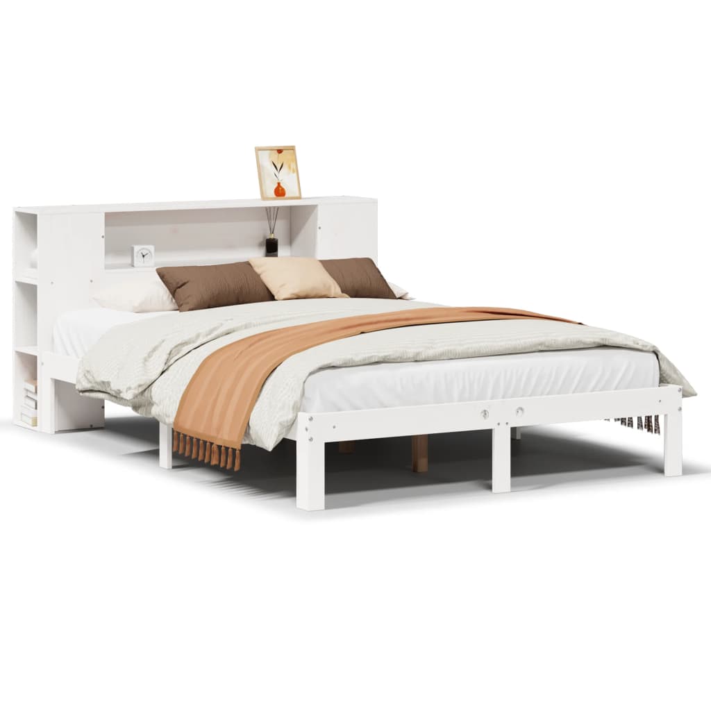 Säng med bokhylla utan madrass vit 135x190cm massiv furu