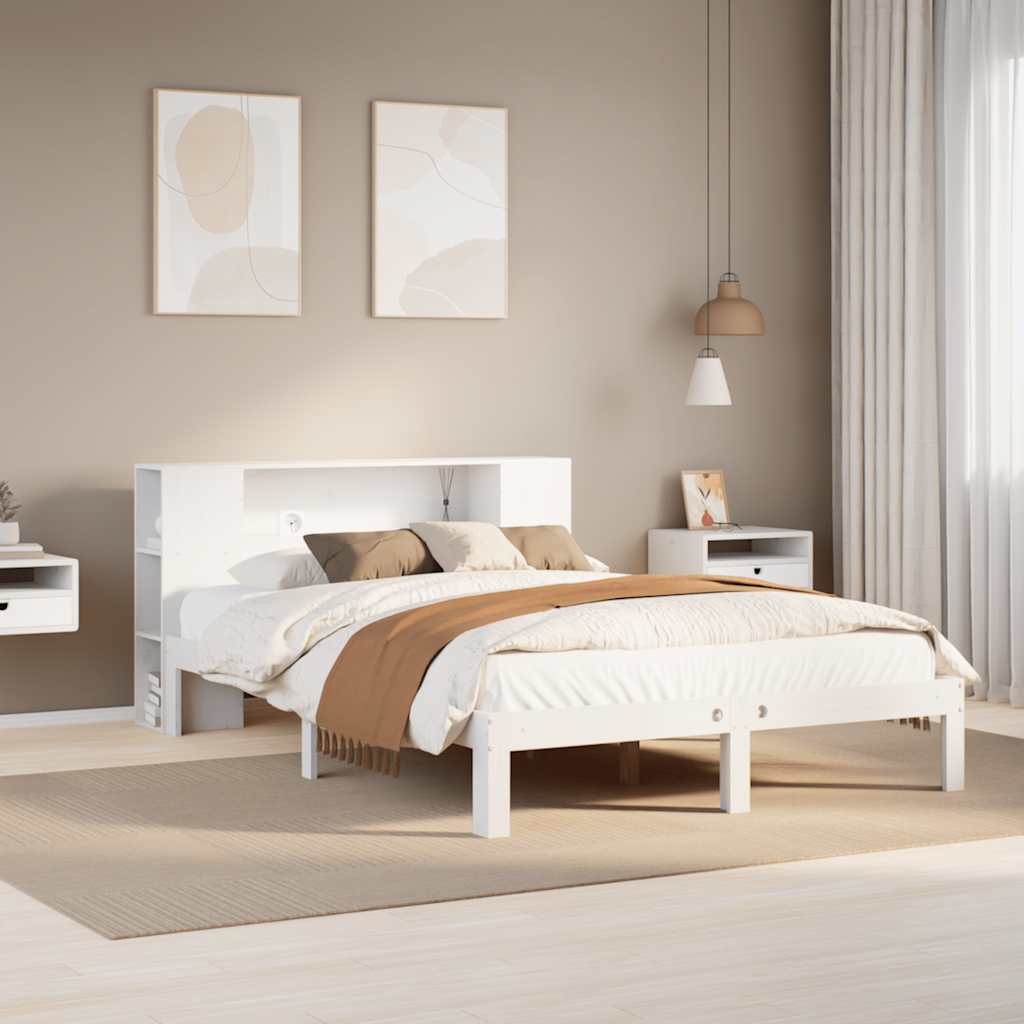 Säng med bokhylla utan madrass vit 135x190cm massiv furu
