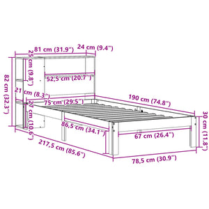 Säng med bokhylla utan madrass 75x190cm massiv furu