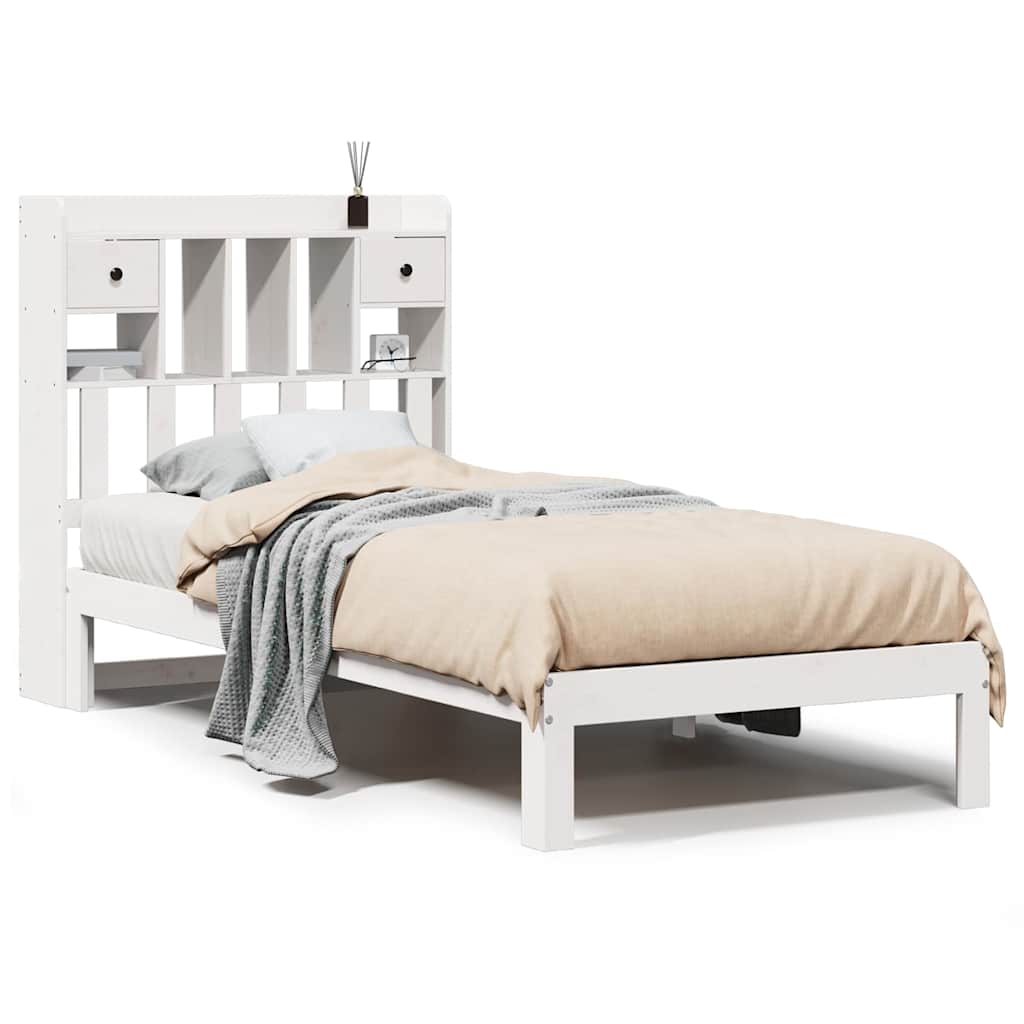 Säng med bokhylla utan madrass vit 75x190cm massiv furu