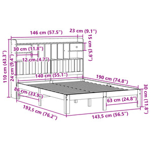 Säng med bokhylla utan madrass 140x190cm massiv furu