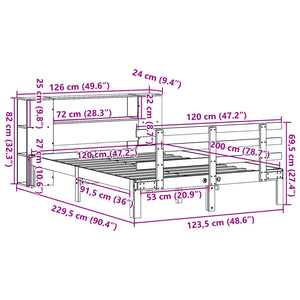 Säng med bokhylla utan madrass vit 120x200 cm massiv furu