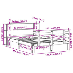 Säng med bokhylla utan madrass vit 140x200cm massiv furu