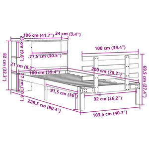 Säng med bokhylla utan madrass vaxbrun 100x200 cm massiv furu