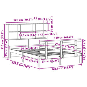 Säng med bokhylla utan madrass vit 120x200 cm massiv furu
