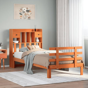 Säng med bokhylla utan madrass vaxbrun 100x200 cm massiv furu