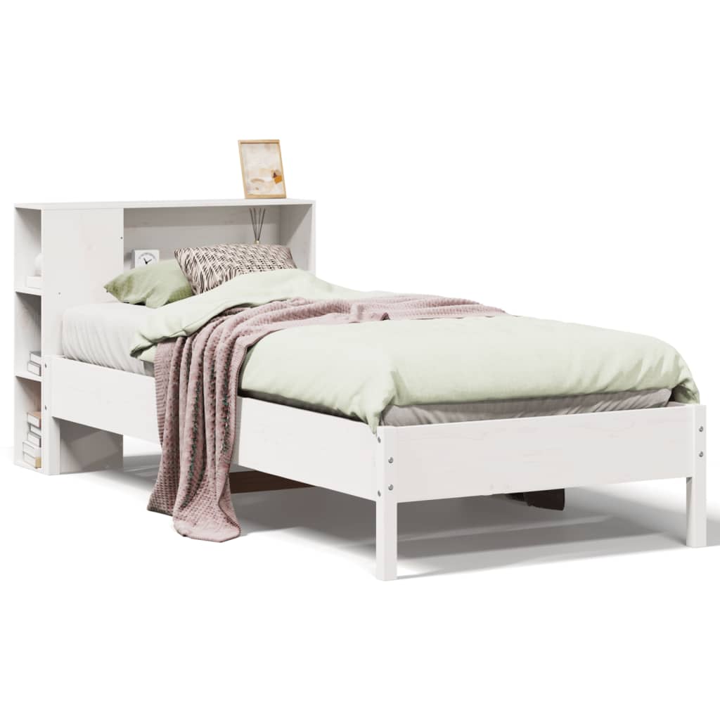 Säng med bokhylla utan madrass vit 75x190cm massiv furu