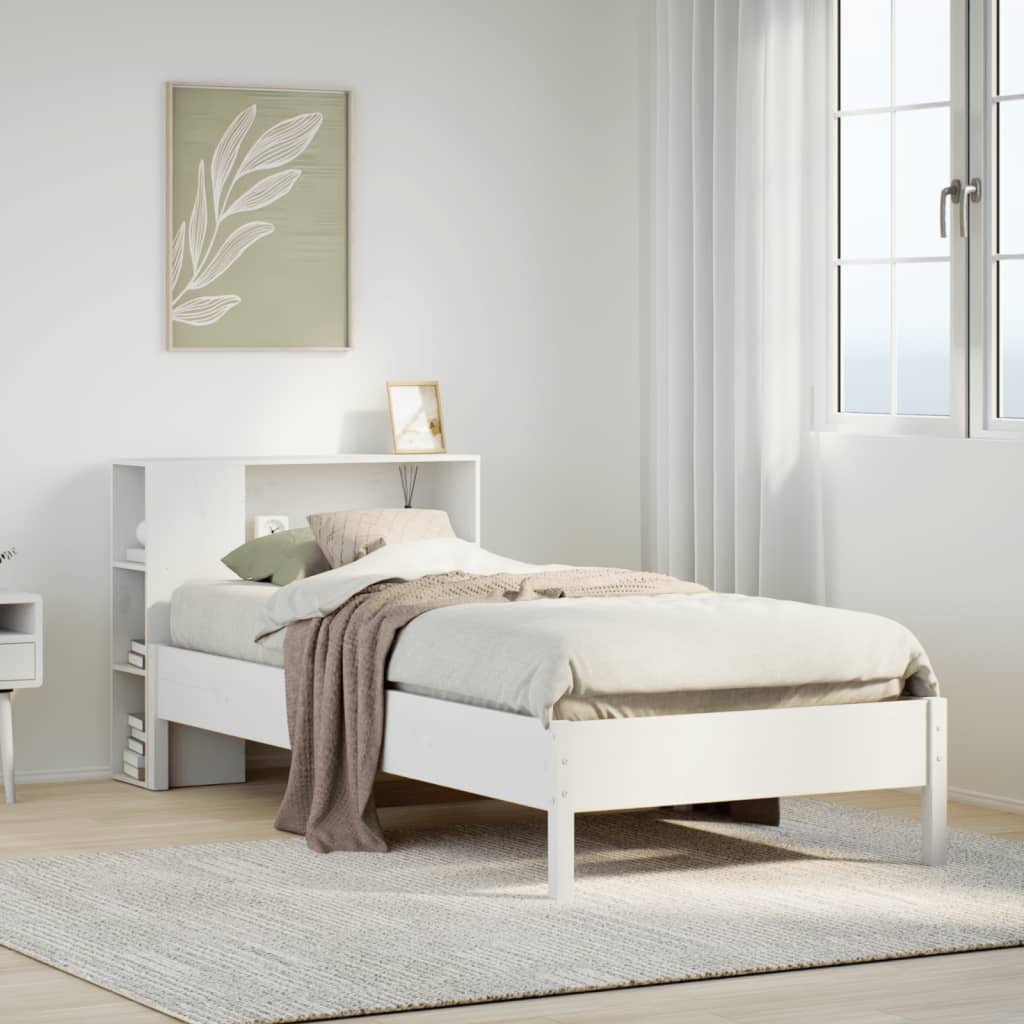 Säng med bokhylla utan madrass vit 75x190cm massiv furu