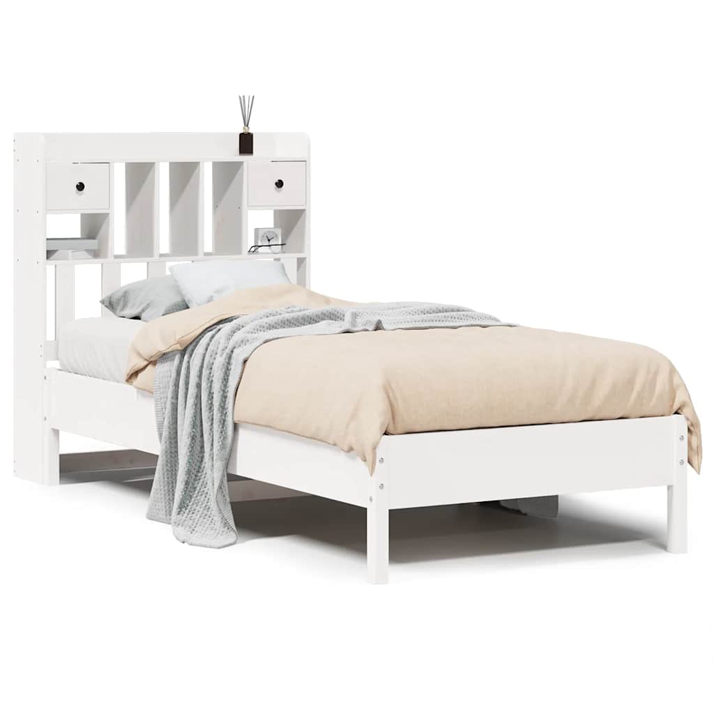 Säng med bokhylla utan madrass vit 75x190cm massiv furu