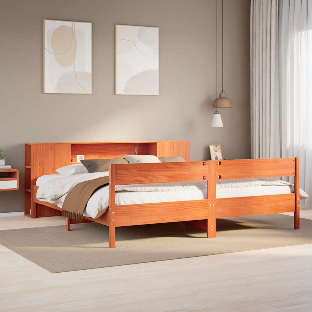 Säng med bokhylla utan madrass vaxbrun 200x200cm massiv furu