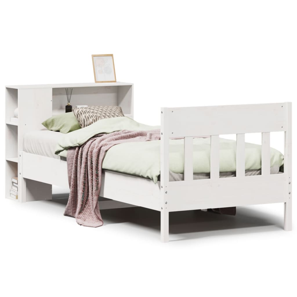 Säng med bokhylla utan madrass vit 75x190cm massiv furu