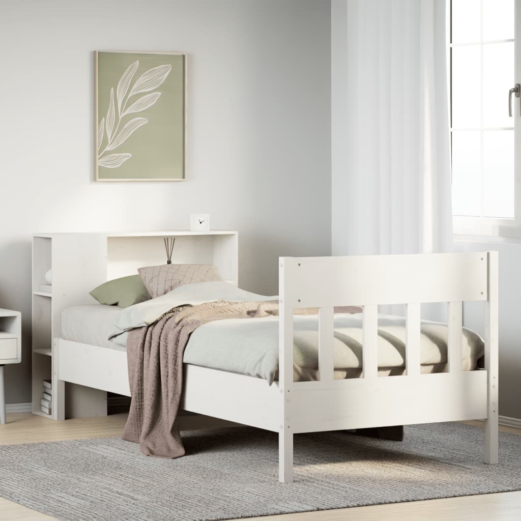 Säng med bokhylla utan madrass vit 75x190cm massiv furu