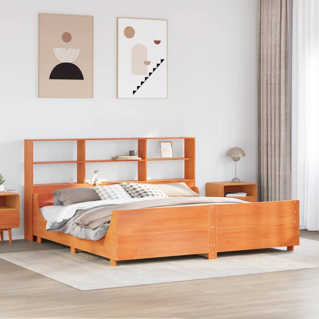 Säng med bokhylla utan madrass vaxbrun 180x200 cm massiv trä