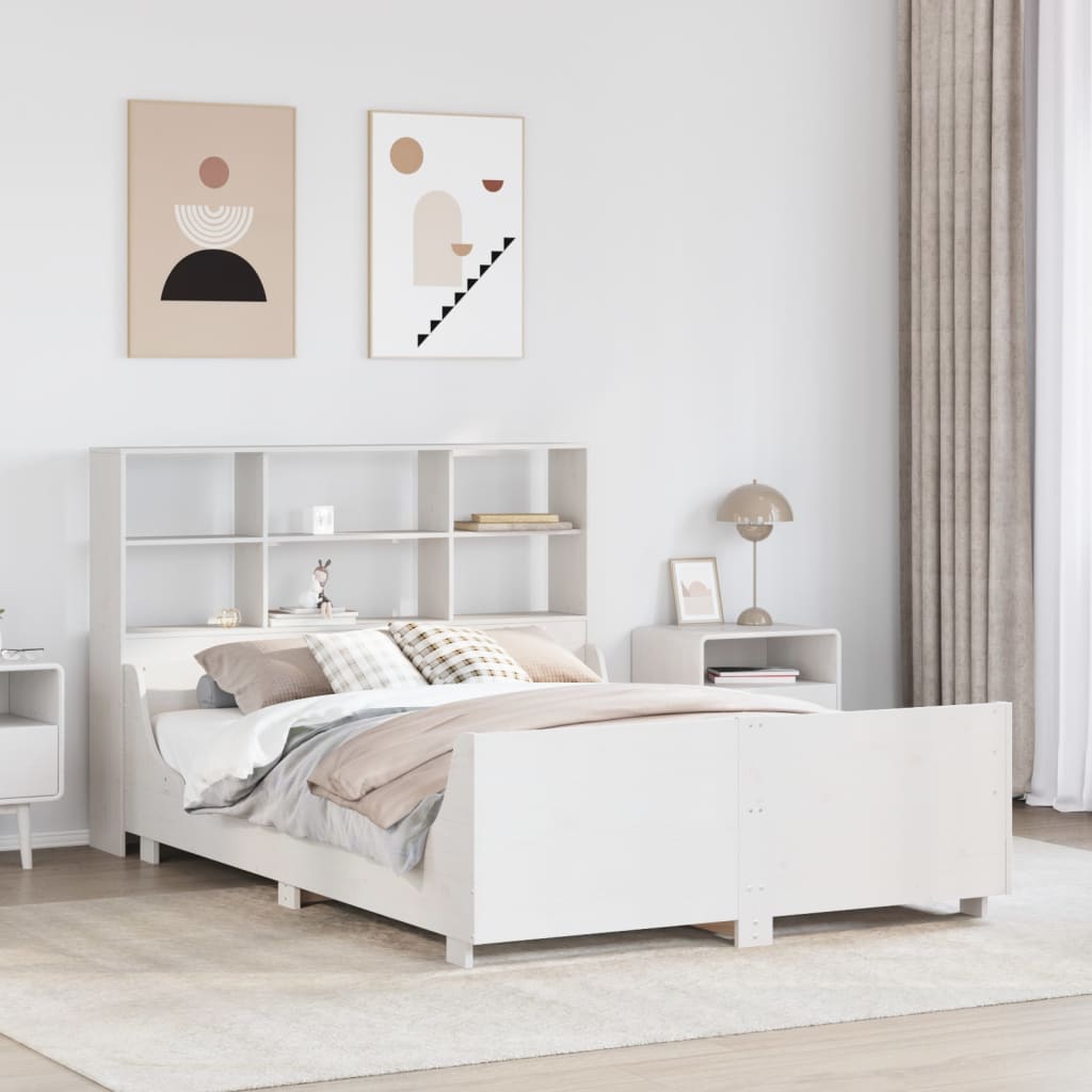 Säng med bokhylla utan madrass vit 160x200 cm massiv trä