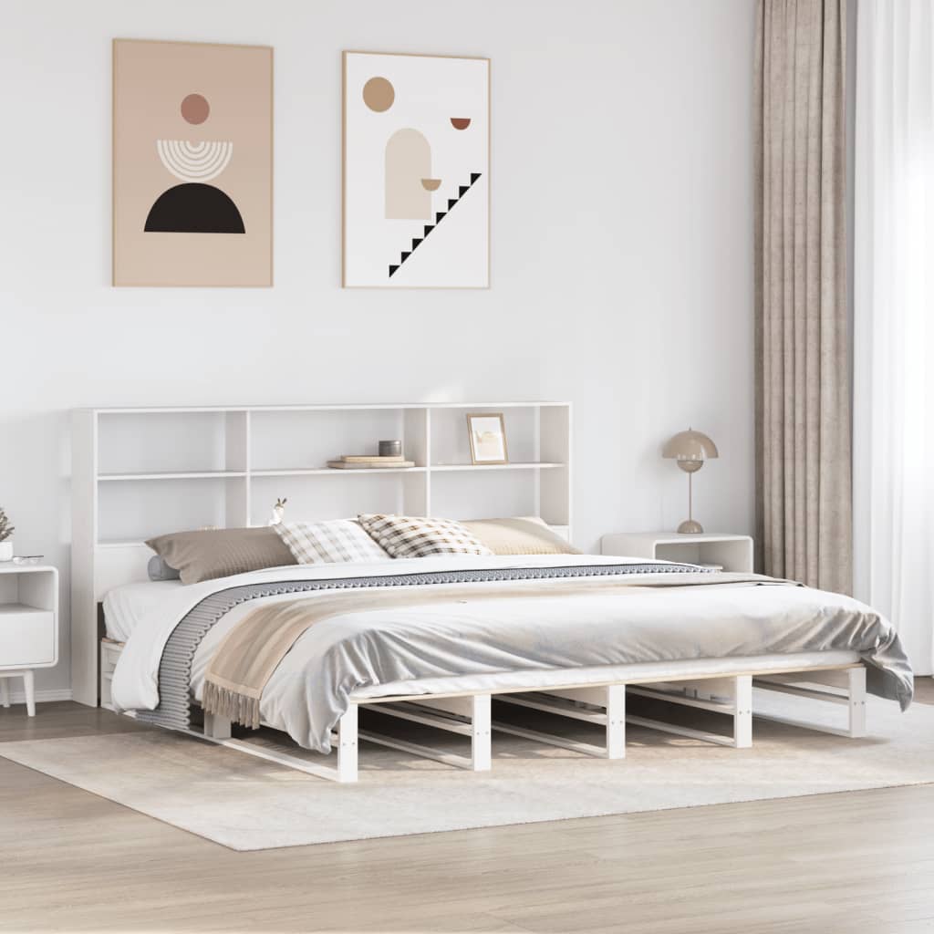 Säng med bokhylla utan madrass vit 180x200 cm massiv trä