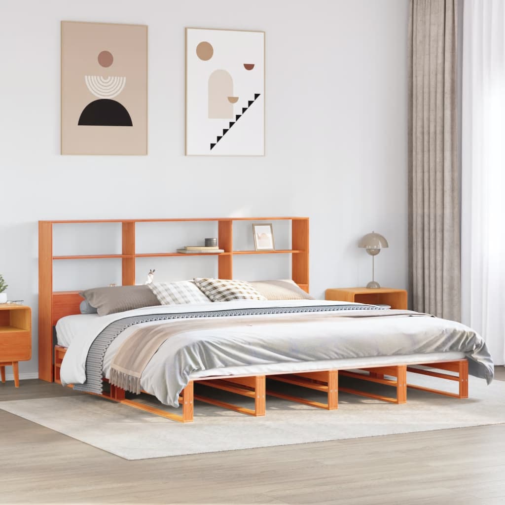Säng med bokhylla utan madrass vaxbrun 200x200 cm massiv trä