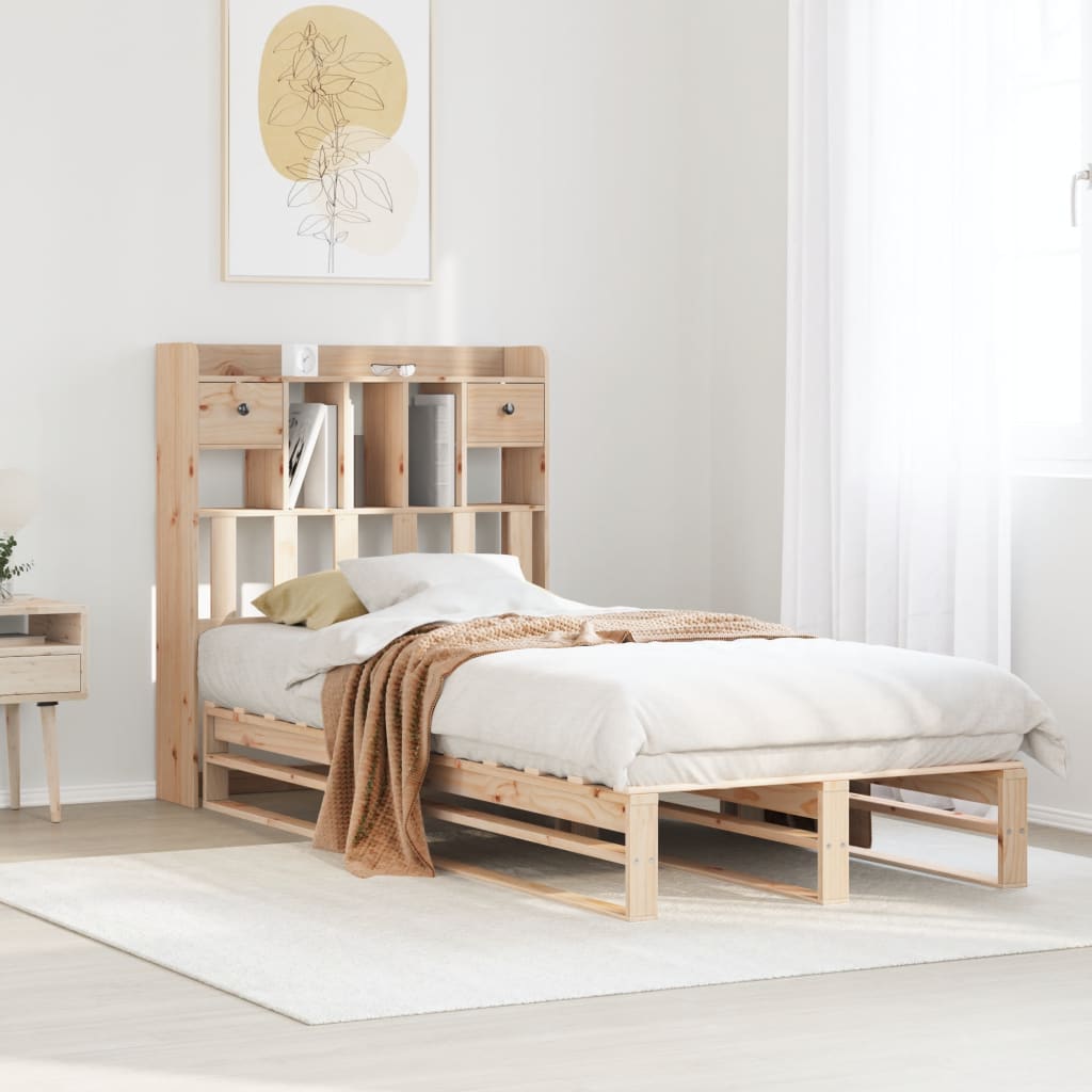 Säng med bokhylla utan madrass 90x200cm massiv furu