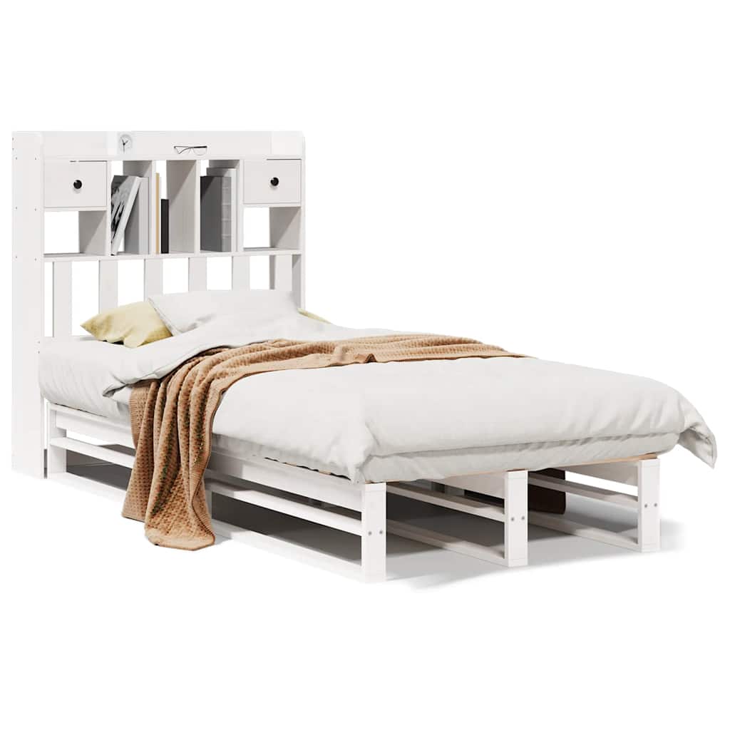 Säng med bokhylla utan madrass vit 90x200cm massiv furu