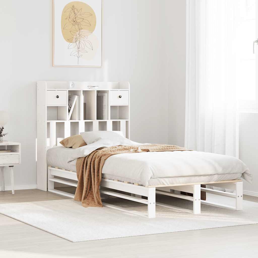 Säng med bokhylla utan madrass vit 90x200cm massiv furu