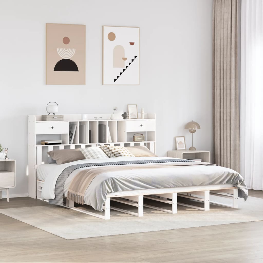 Säng med bokhylla utan madrass vit 180x200cm massiv furu