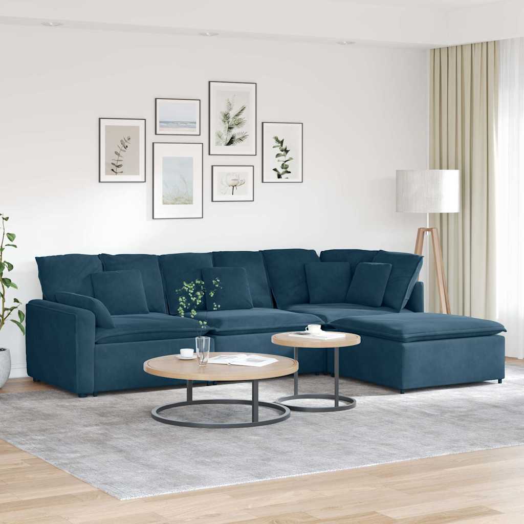 Modulsoffa med fotpall och dynor sammetsblå