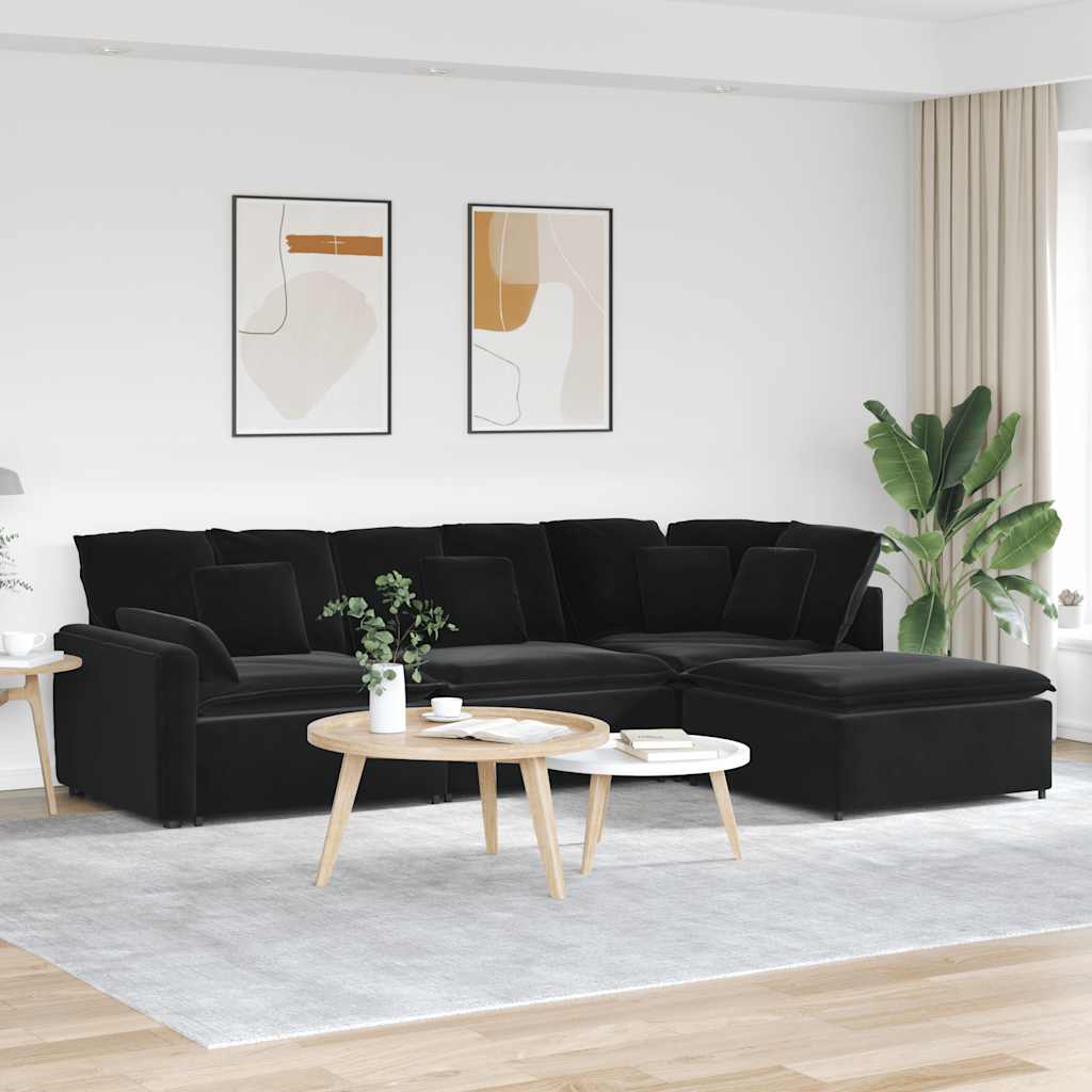 Modulsoffa med fotpall och dynor sammet svart