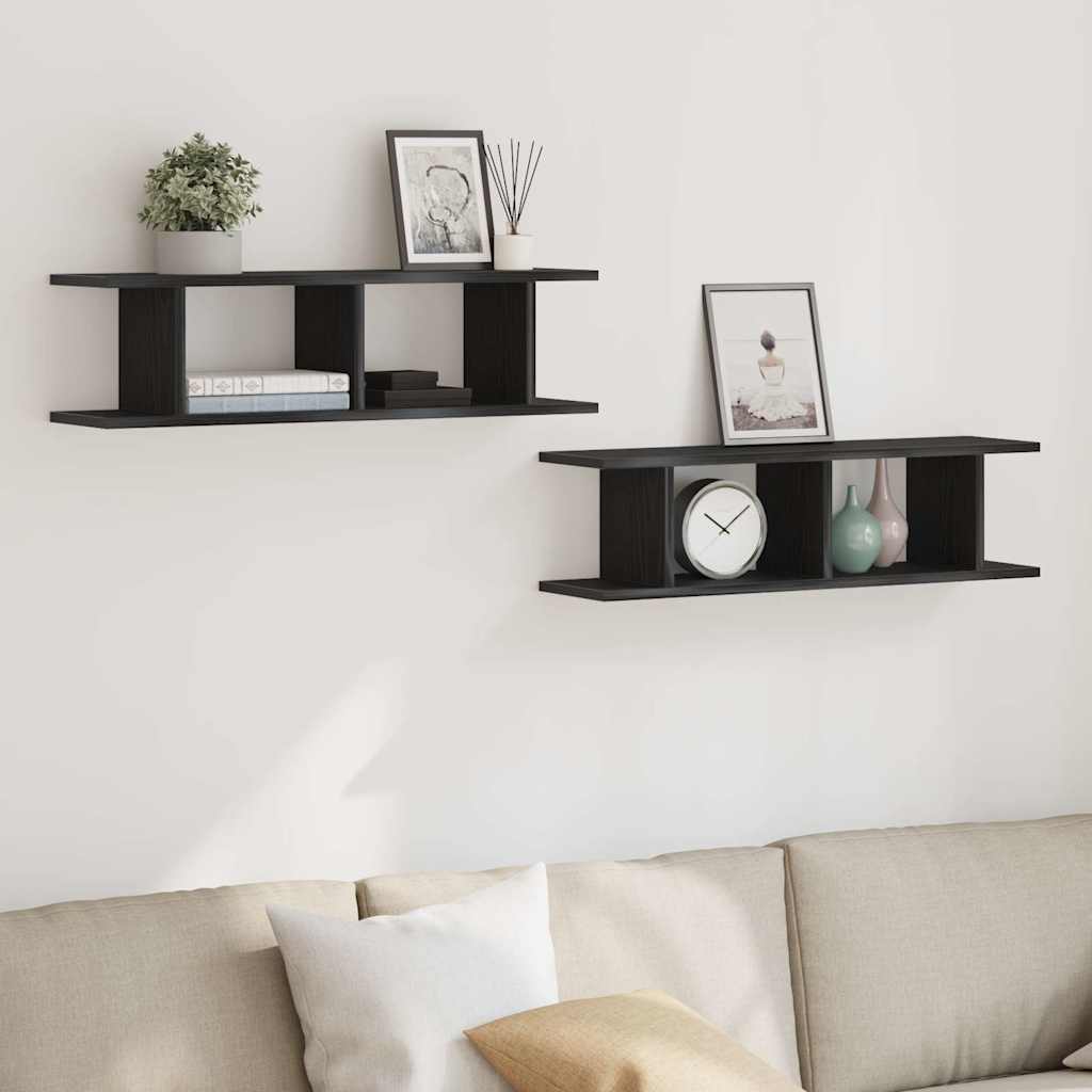 Vägghyllor 2 st svart ek 75x18x20 cm konstruerat trä