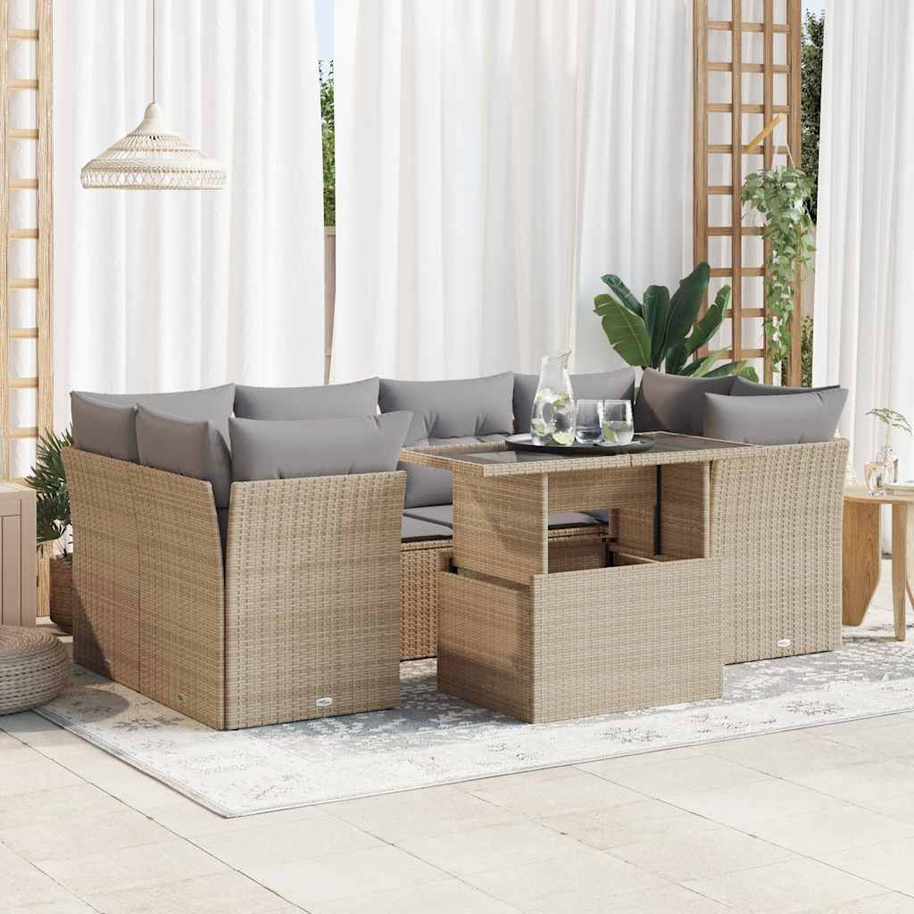 Matgrupp för trädgården med dynor 7 delar beige konstrotting