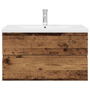 Diskbänksskåp med inbyggt handfat och kran Gammalt trä