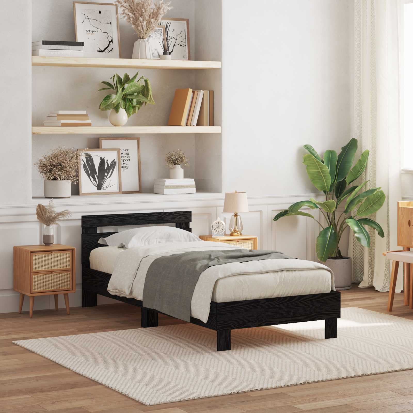 Sängram med huvudgavel Svart Ek 100 x 200 cm Konstruerat trä